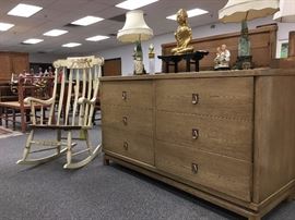Hitchcock Rocking Chair, Kent Coffey Six Drawer Dresser with Brass Pulls 