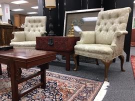 Tufted Back Rolled Arm Chairs, Pig Skin Trunk on Stand, Asian Style Coffee Table