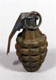 20mm Deactivated Shell, 50 Cal Dummy Round, Remington 12 Gauge Shell Hat Band, and Pineapple Grenade