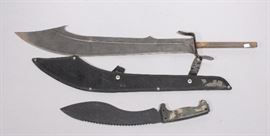 DIY Simitar Sword, with Scabbard, 25" Blade, 33" Total Length, Missing Handle Grips, and Kukri with Rubber Handle, 12" Blade, 18" Total Length