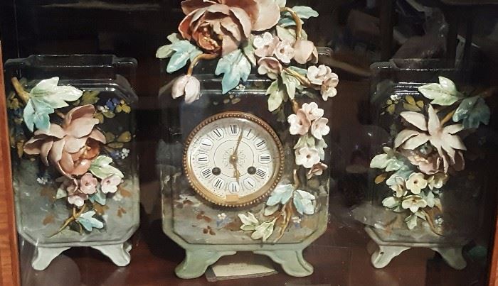 German Floral Ceramic Clock with Garniture