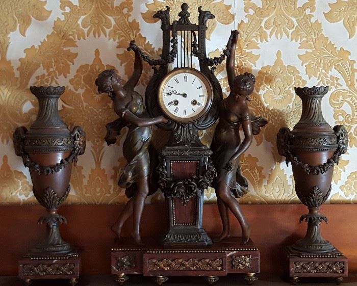 Symphonie Printaniere Franch Mantel Clock with Urn Garniture