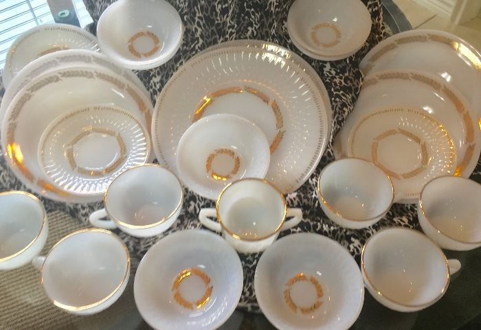 50th Golden Anniversary Foistoria Milk Glass Set
Over 40 pieces:
8 plates, 8 bowls, 8 saucers, 
6 cups, 7 dessert bowls,
1 serving plate, 1 large serving bowl, sugar & cream server.