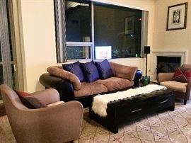 Leather Roche Bobois Sofa; 
Custom Roche Bobois Chairs;
Stressed Wood 4 drawer Coffee Table