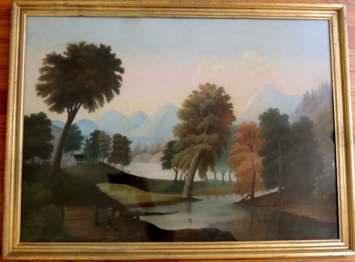 19th Century Pastel Bucolic Landscape With Figures and House In Background In The Style of Thomas Chambers.  
Original lemon gold frame and back.  20 ½” x 28” sight.  Overall 23” x 31”.
