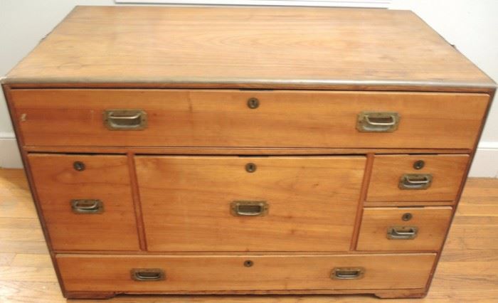 China Trade Camphor Wood Seaman’s Multi Drawer Chest.   
Brass edging and handles with recessed pulls.  40” x 22” x 25”
