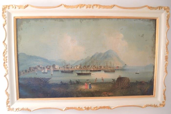 Hong Kong School Port On   Canvas.  Depicts sailing vessels in harbor, naked natives and women with parasols in foreground.  Craquelure throughout, uncleaned, appears to be in painted on perimeter.  18” x 31” image.  23” x 36”.   Note states painting brought back in 1867 by Jeremiah Sweetser of Searsport.  1827-1877.