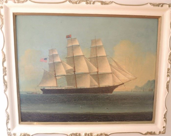 Oil on Canvas Ship Mary Goodell Searsport Maine 1854 Hong Kong School.  Relined 1943 by Jean Bohn New York.  Craquelure throughout.  24” x 18” image.  27” x 22” including frame.  Original frame has been repainted.