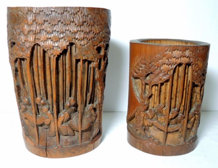 Two Early Japanese Carved Bamboo Brush Pots.  
Intricate deep relief carving of oriental life and bamboo forest.  8” tall x 6” diameter   
