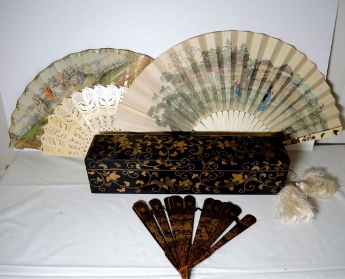 Japanese Lacquer Rectangular Fan Box  and Two Hand Decorated Fans