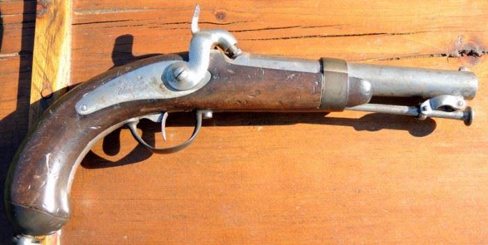 Early French Percussion Highwayman’s Riding Pistol.  
Signed by French maker.
