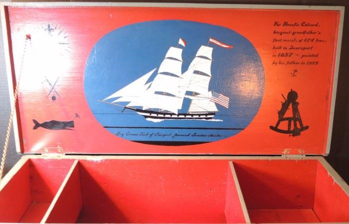 Dedicated Seaman’s Canted Six Board Chest.  
Complete with woven seaman’s handles and elaborate painted interior with ship’s portrait and maritime history.  Excellent condition.  35” x 18” x 12”
