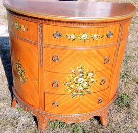 Choice Vintage 1940s Era Demi Lune Commode.  
Three drawers with hand painted floral décor.
