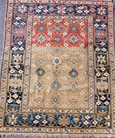 Antique Caucasian Scatter Carpet 4’0” x 4’8”.  
Unusual arbrush dye configuration.