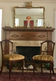 Pair of Charmers...2 Delicate French Chairs;  1900 Gold D'ore Andirons; Carved Gilt Frame Mirror and "Human's best friend"...