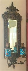 Brass and Enamel Framed Beveled Mirror Candle Sconce 