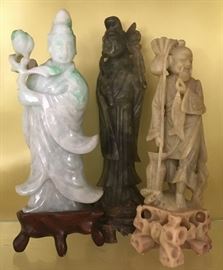 2 Older Jade Quan Yin and a Well-Carved Hardstone Fisherman