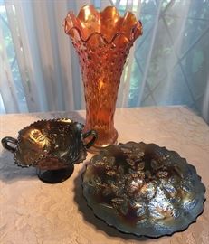 Early 20th Century Carnival Glass:  Marigold Vase, Northwood's Irridescent Amethyst "3 Fruits" Vase, Northwood Plate