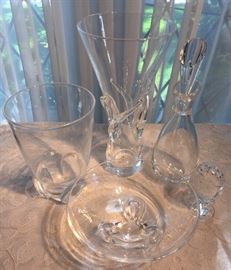 Flared Rose Vase, Floret Bowl, Teardrop Decanter and Egg Paperweight by Steuben