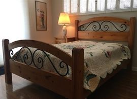 Pine & Iron Queen Bed Frame and Bedside Chest; Hand-made Quilt; Porcelain Table Lamp; Framed Print