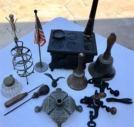 Made of Metal, Includes: Vintage Crimper; Hand Bells; Flagpole base; tools; Scaled-down Coat Rack; Vintage Iron Stove...
