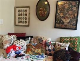 Needlework Pillows, Quilts Surround Raggedy Ann & Andy; Preserved Floral Arrangement, Framed Floral Puzzle, Vintage Debutante Portraits 