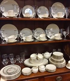Lenox China Set, Olympia - mid century modern and new Fostoria Bridal Belle stemware. Sticks are still on most of the glasses.