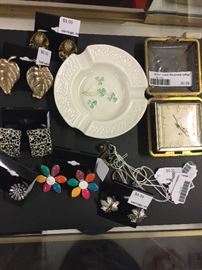jewelry, vintage alarm clock, Beleek ashtray