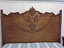 Very Beautiful Victorian Ornate Bedroom Set with Applied Oak on Headboard and Footboard . Excellent Condition (Very Sturdy) Chest and Dresser , Ornate Beveled Matching Mirror