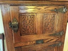 Rare Hand carved Ice Box with Original Ornate Hardware Very tall "So Beautiful".......Spoon carvings on legs. Awesome Brass Hardware.