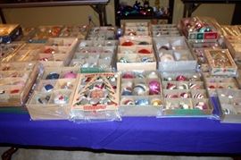 Many boxes of vintage 1950s and 1960s glass ornaments.