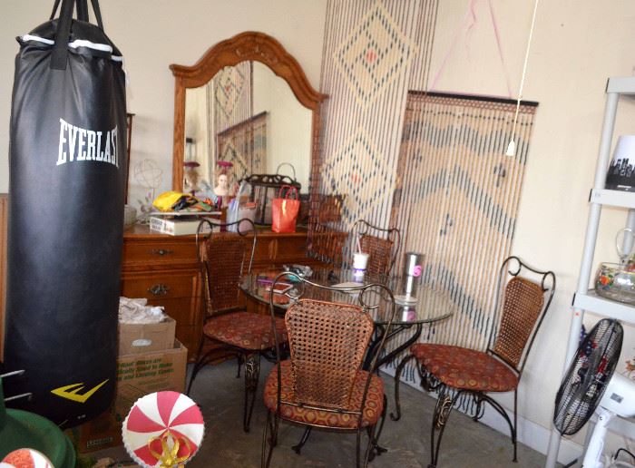 punching bag; dresser & mirror (match to one of the bedroom sets); wrought iron table & chairs