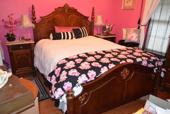 Stanley Furniture bedroom set - 2 marble top nightstands; queen bed