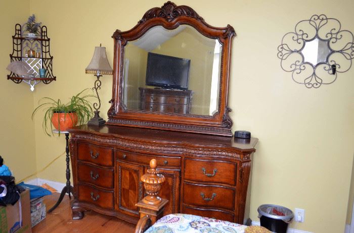 vintage corner shelf; bedroom set - dresser & mirror