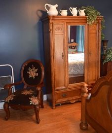 carved needlepoint side chair; mirrored wardrobe