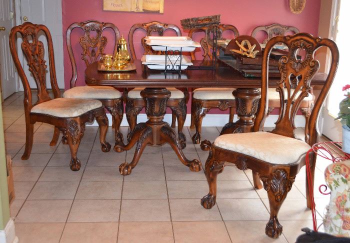double pedestal table w/6 chairs & leafs