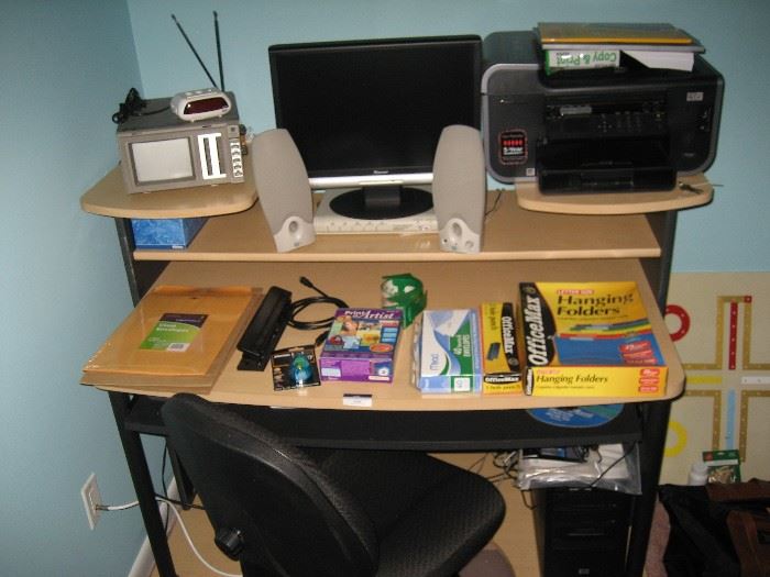 HP computer, desk, chair, printer