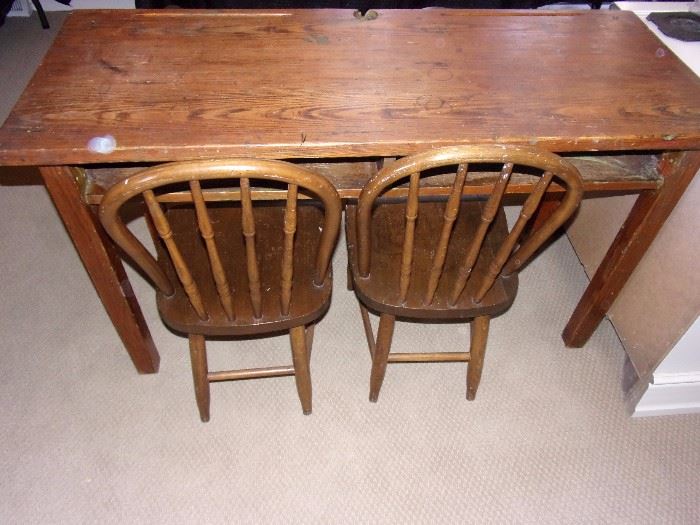 Vintage/Antique double school desk with storage and two chairs. Great piece to resale or for your grandkiddos!