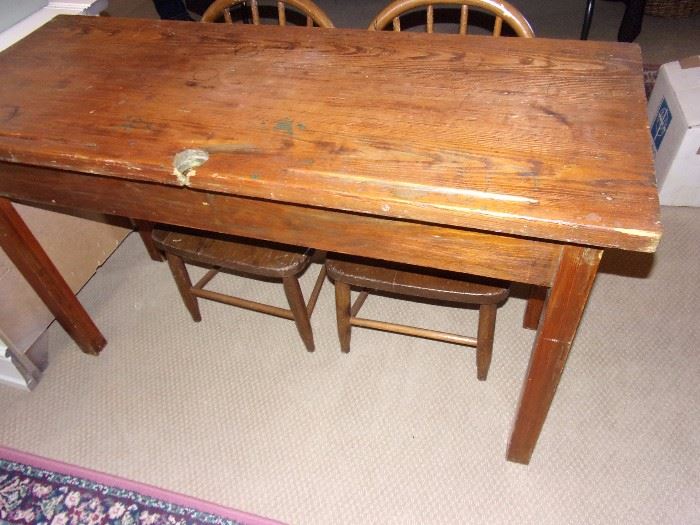 Vintage/Antique double school desk with storage and two chairs. Great piece to resale or for your grandkiddos!