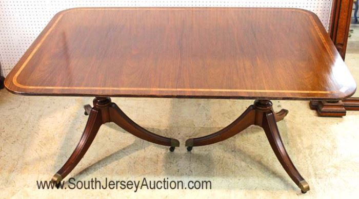  BEAUTIFUL Mahogany Inlaid and Banded Double Pedestal

66" x 44" Dining Room Table with (2) 15" Leaves to Open to 96" or 8 Foot

Located Inside – Auction Estimate $300-$600 