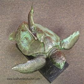  Bronze Sea Turtle with Mermaid on Marble Base with nice patina signed "C.S. Moore 3/20" in good condition

approximately 15"l x 15 3/4"h x 19"w 