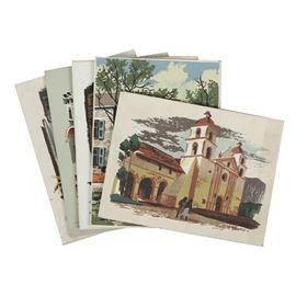 Collection of Mark Coomer Serigraphs on Boards of Architectural Scenes: A collection of five serigraphs on boards of architectural scenes by well-listed American artist Mark Coomer (1914-2004). These works feature truncated views of various types of architecture, including patios, courtyards, and Neoclassical buildings, to name a few. Three of the works are titled in plate Marchand Patio, S. Salvador, Chiostro, and Napoleon House to the lower margin. All are signed in plate and remain unframed.