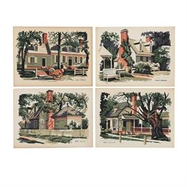 Collection of Mark Coomer Serigraphs on Paper of Suburban Architecture: A collection of four serigraphs on paper by Mark Coomer (American, 1914-2004). The artworks depict stylized suburban American architecture. Included are Levingston House, Carter-Saunders Kitchen, Marot’s Ordinary, and Market Square – Tavern Kitchen. To the lower corners of each composition is an in-plate artist signature. Each composition is unframed.