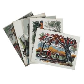 Assortment of Mark Coomer Serigraphs of Genre and City Scenes: An assortment of five serigraphs on board of genre and city scenes, by listed artist Mark Coomer (1914-2004). This group includes simplified renderings of storefronts and city architecture, including title Bracken House. They are signed in plate to a lower corner. All prints remain unframed.