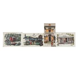 Assortment of Mark Coomer Limited Edition Serigraphs on Board Genre Scenes: An assortment of four limited edition serigraphs on composite board of scenes from various genres by listed artist Mark Coomer (American, 1914 – 2004). The mill scene is titled Summer on a label to the verso. Not marked, the works are all from editions of 100. Signed by the artist in plate to the lower margins. Each is presented as a loose work without a frame or mat; one is housed in a plastic sleeve.
