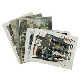 Collection of Mark Coomer Serigraphs on Boards of a Portrait and Landscapes: A collection of five serigraphs on boards of architectural landscapes by well-listed American artist Mark Coomer (1914-2004). Featured are views of various types of architecture depicting bridges, archways, and storefronts. One work includes a cascading creek waterfall and another features a portrait of Franz Schubert, the Austrian composer. All works are signed in plate and all remain unframed.
