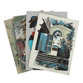 Assortment of Mark Commer Serigraphs on Board: An assortment of serigraphs on board by Mark Coomer (American, 1914 – 2004). Included in this collection are the titles Composers – Schubert, New York – Washington Square, Geisha with Scroll, and one untitled work depicting a terrance. Signed to the bottom of each print in plate. The prints are presented unmounted and without frames.