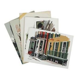 Collection of Mark Coomer Serigraphs on Boards of Street Scenes: A collection of five serigraphs on boards of street scenes titled New York skyline, New Orleans Wrought Iron, Palazzo Ducale, and Aztec by well-listed American artist Mark Coomer (1914-2004). The works depict angular streets cenes, skylines and the depiction of an Aztec mask. All the works are signed in plate to the lower margin and remain unframed.