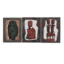 Assortment of Mark Coomer Serigraphs on Boards of Non-Western Artifacts: An assortment of three serigraphs on boards of Non-Western artifacts by well-listed American artist Mark Coomer (1914-2004). Two works features traditional African sculpture surrounded by stylized borders with abstract patterns. The third work features a Mesoamerican mask also surrounded by a stylized abstract border design. All compositions are signed in plate and remain unframed.