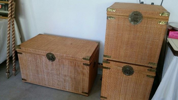 3 Wonderful Trunks purchased in Hong Kong for a Coffee Table and Side Tables.  Glass top for larger trunk.